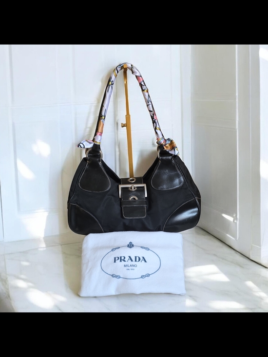 Prada Handbags - Prada Tessuto Half Moon Buckle Shoulder Bag With Leather Trim & Silver Hardware